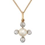 A PEARL AND DIAMOND PENDANT NECKLACE the pendant set with a pearl accented by four old cut diamon...