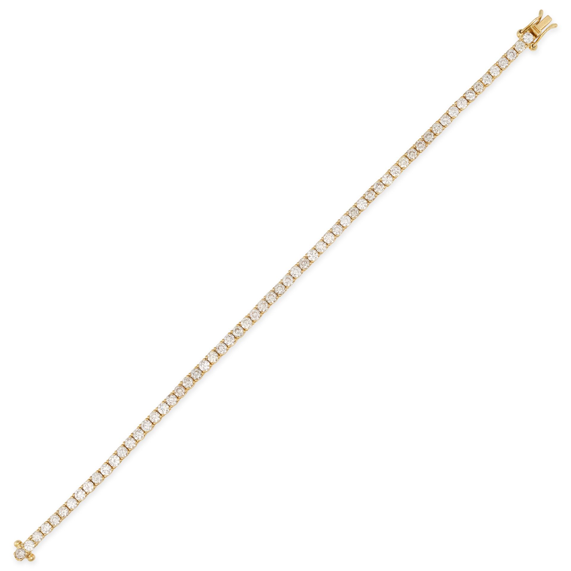 A 5.10 CARAT DIAMOND LINE BRACELET in 18ct yellow gold, set with a single row of round brilliant ...