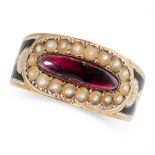 AN ANTIQUE GARNET, PEARL AND ENAMEL MOURNING RING, 19TH CENTURY in yellow gold, set with an elong...