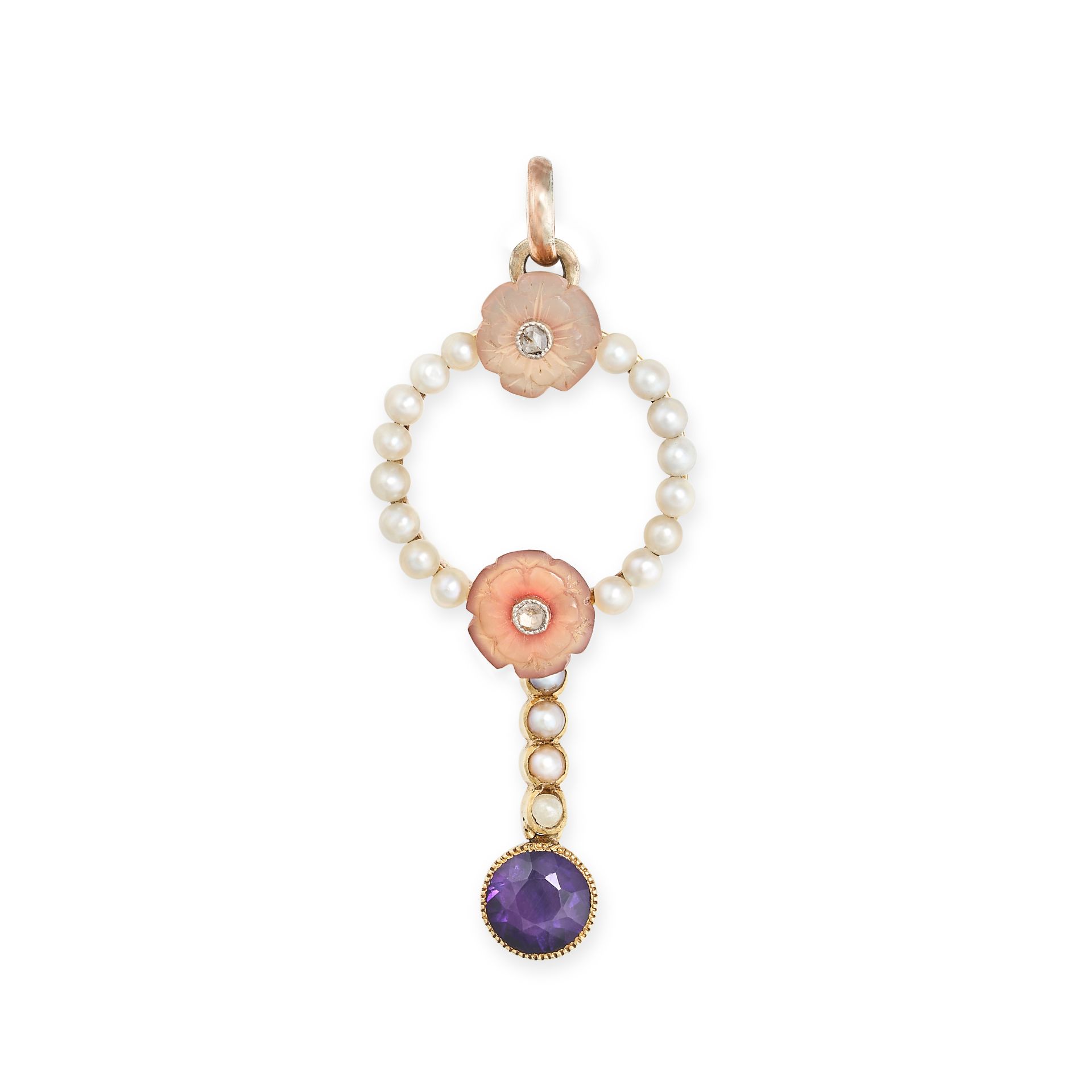 AN ANTIQUE PEARL, AGATE, AMETHYST AND DIAMOND PENDANT in yellow gold, designed as an open circle ...