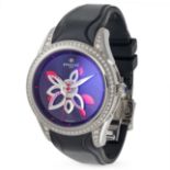 PERRELET, A DIAMOND FLOWER WRISTWATCH in stainless steel, black mother of pearl dial with applied...