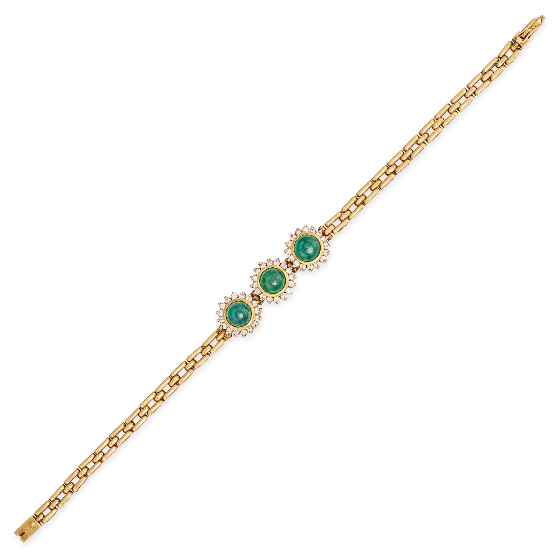 AN EMERALD AND DIAMOND CLUSTER BRACELET in yellow gold, set with three round cabochon emeralds in...
