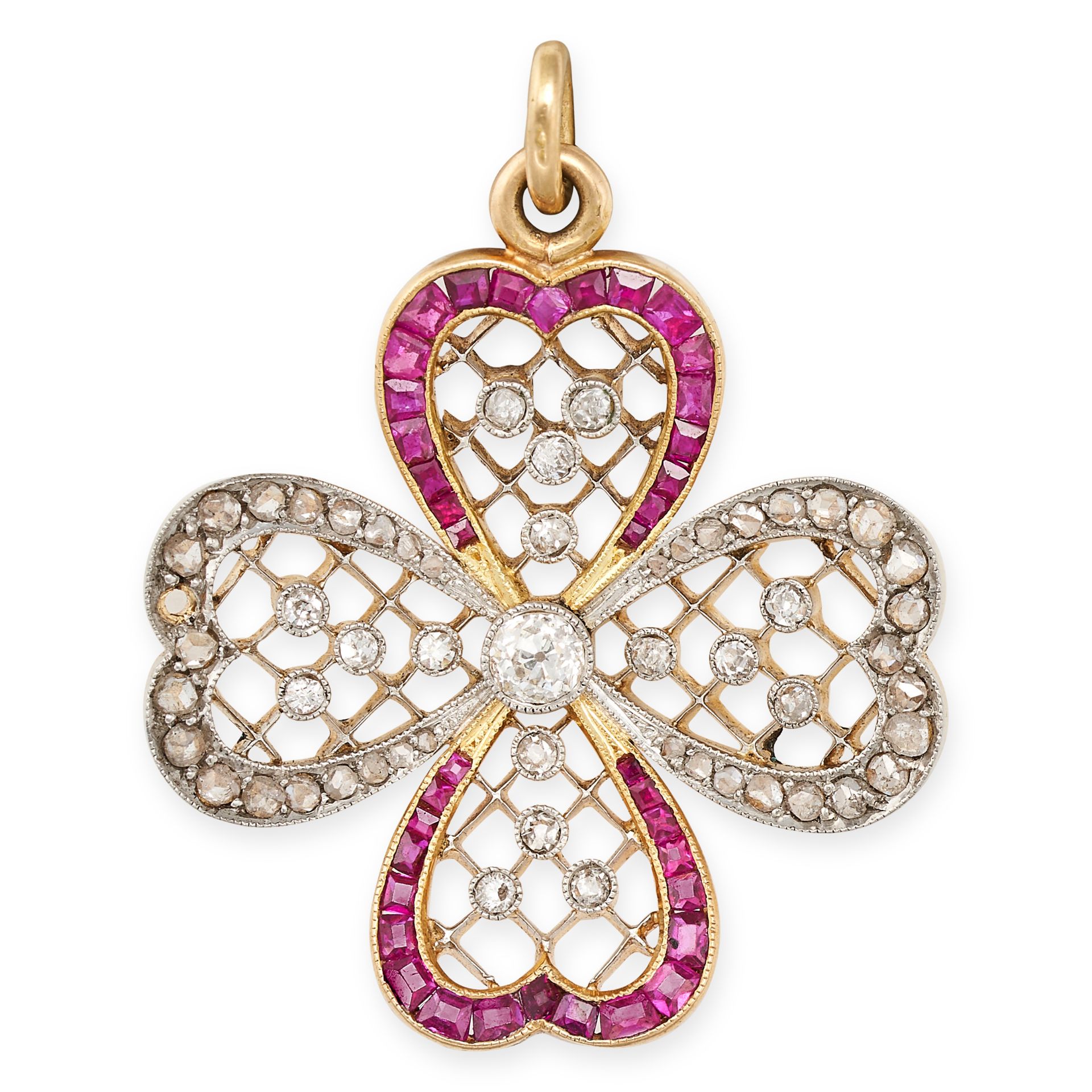 AN ANTIQUE RUBY AND DIAMOND CLOVER PENDANT in yellow gold, the openwork pendant designed as a fou...