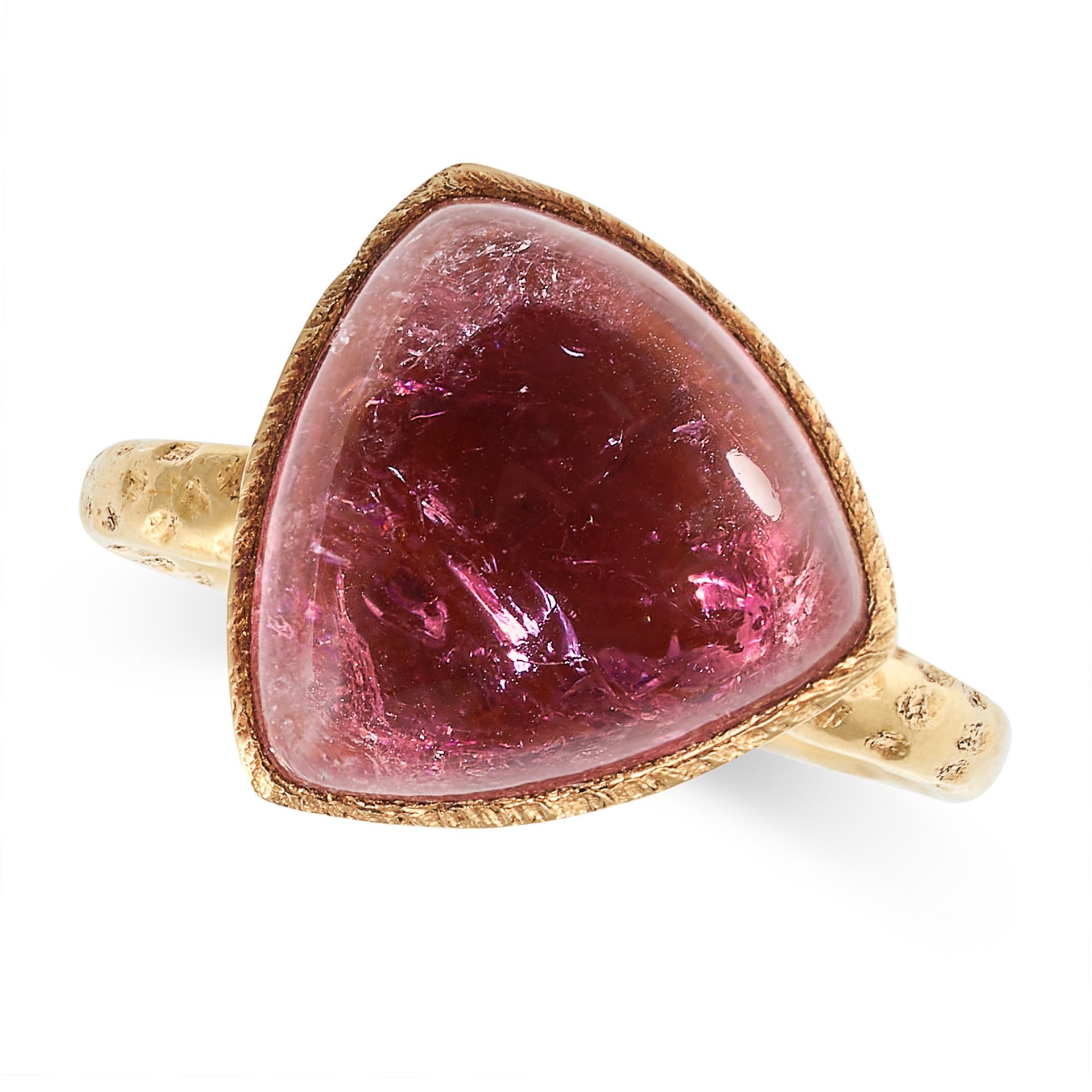 A PINK TOURMALINE RING in yellow gold, set with a cabochon pink tourmaline, no assay marks, size ...