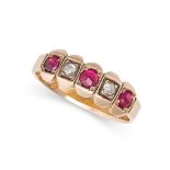 AN ANTIQUE RUBY AND DIAMOND FIVE STONE RING in 15ct yellow gold, set with a row of alternating ro...