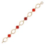 A VINTAGE CARNELIAN BRACELET in 9ct yellow gold, set with four sugarloaf cabochon carnelian betwe...