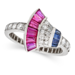 AN ART DECO RUBY, SAPPHIRE AND DIAMOND DRESS RING in platinum, the Egyptian revival style face se...