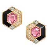 MARINA B, A PAIR OF PINK TOURMALINE, AQUAMARINE, ONYX AND DIAMOND EARRINGS in 18ct yellow gold, e...