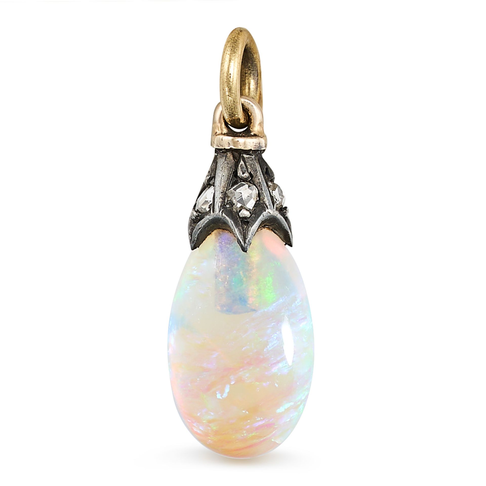 AN ANTIQUE OPAL AND DIAMOND PENDANT in yellow gold and silver, set with a polished opal drop with...