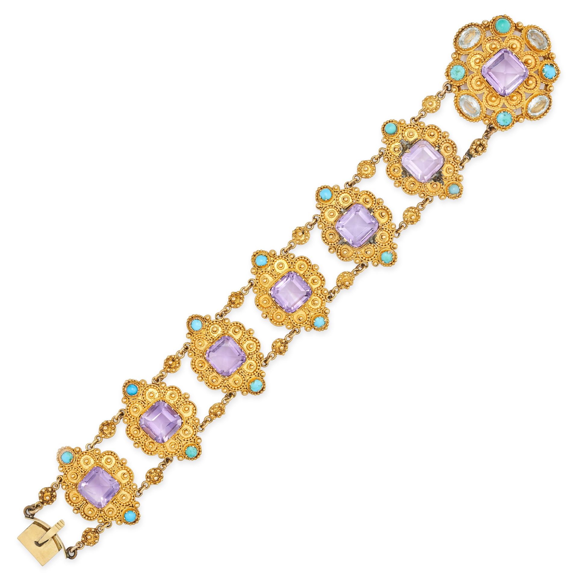 AN ANTIQUE AMETHYST, TURQUOISE AND AQUAMARINE BRACELET in yellow gold, comprising six links set w...
