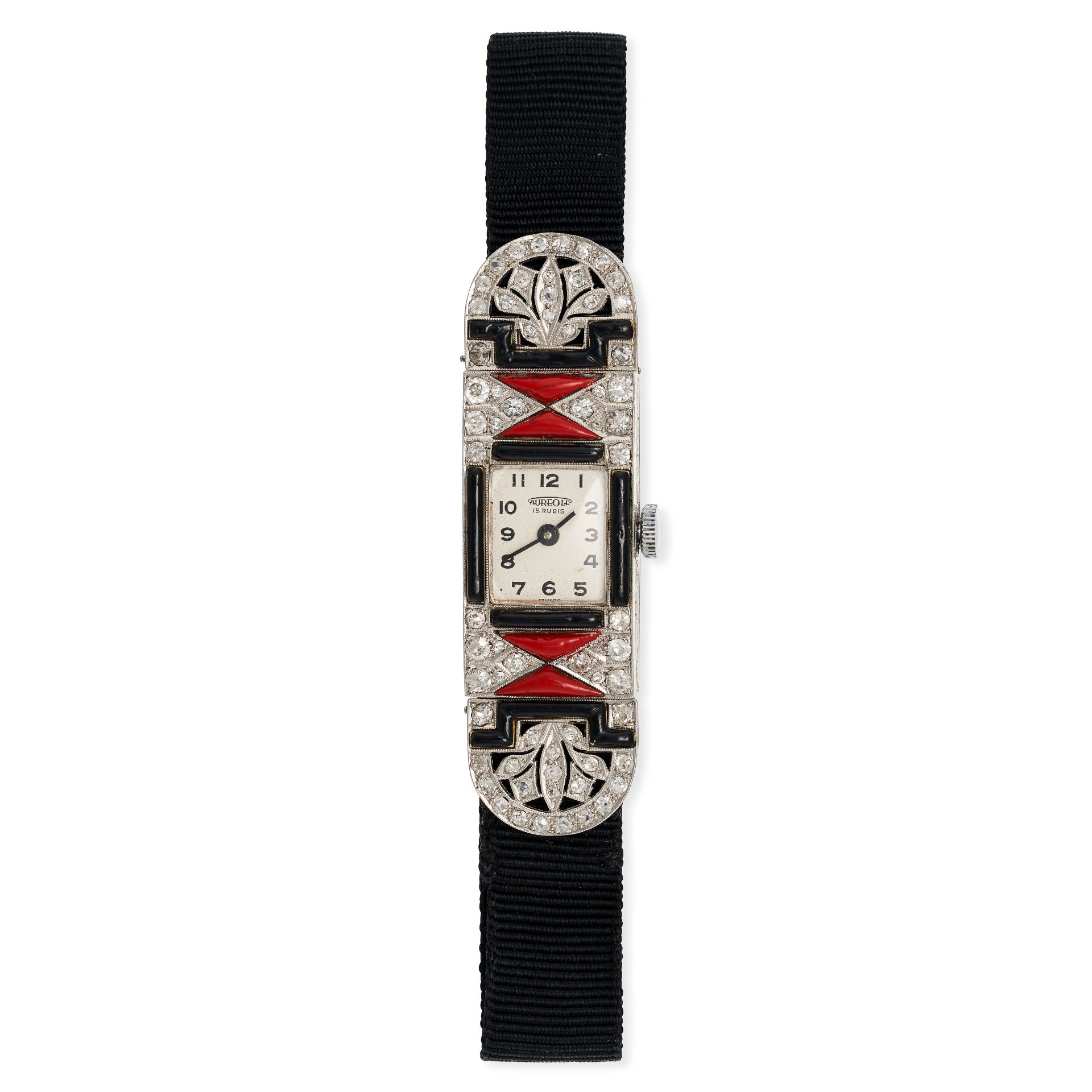 AN ART DECO DIAMOND AND LACQUER WRISTWATCH in platinum, the rectangular case accented by single c...