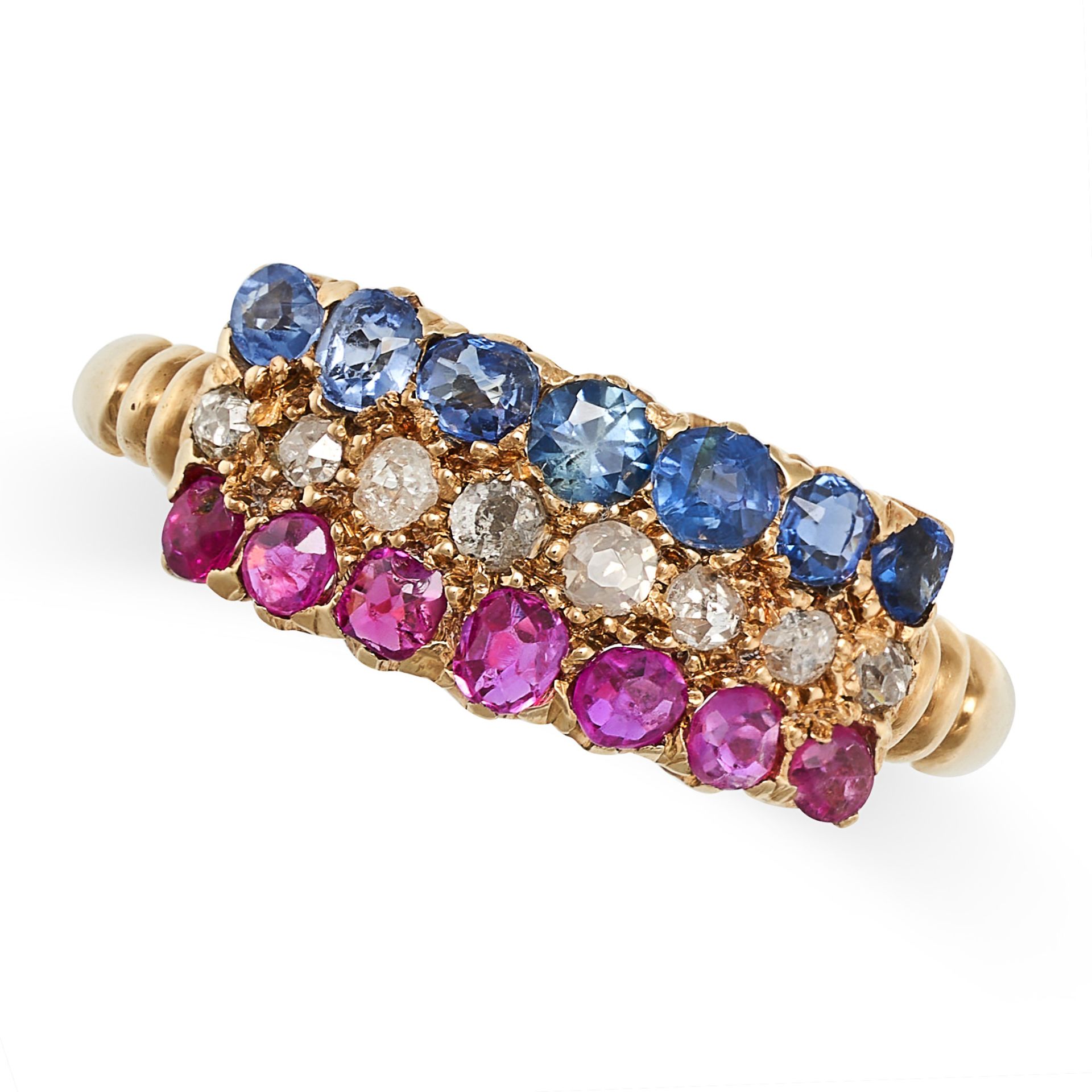 AN ANTIQUE VICTORIAN RUBY, DIAMOND, AND SAPPHIRE RING in 18ct yellow gold, set with three rows of...