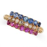 AN ANTIQUE VICTORIAN RUBY, DIAMOND, AND SAPPHIRE RING in 18ct yellow gold, set with three rows of...