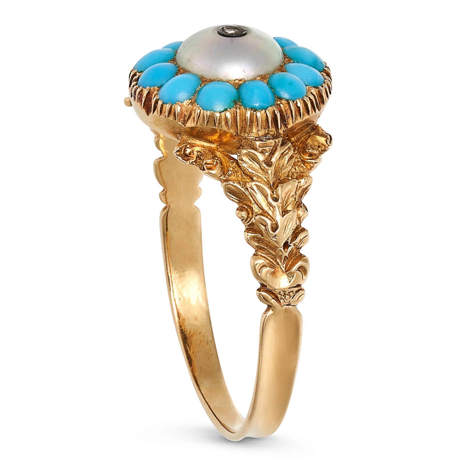 AN ANTIQUE PEARL, TURQUOISE AND DIAMOND CLUSTER RING in yellow gold, set with a pearl with an app... - Bild 2 aus 2