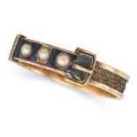 AN ANTIQUE PEARL AND ENAMEL HAIRWORK MOURNING RING in 15ct yellow gold, designed as a belt, set w...