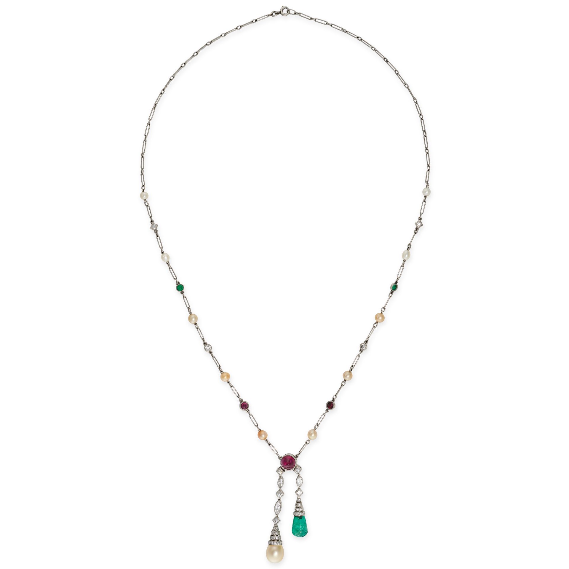 TIFFANY & CO., AN ANTIQUE BURMA NO HEAT RUBY, COLOMBIAN EMERALD AND NATURAL PEARL NEGLIGEE NECKLA...
