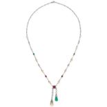 TIFFANY & CO., AN ANTIQUE BURMA NO HEAT RUBY, COLOMBIAN EMERALD AND NATURAL PEARL NEGLIGEE NECKLA...