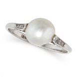 A PEARL AND DIAMOND RING in 18ct white gold, set with a pearl of 7.7mm, the shoulders accented by...