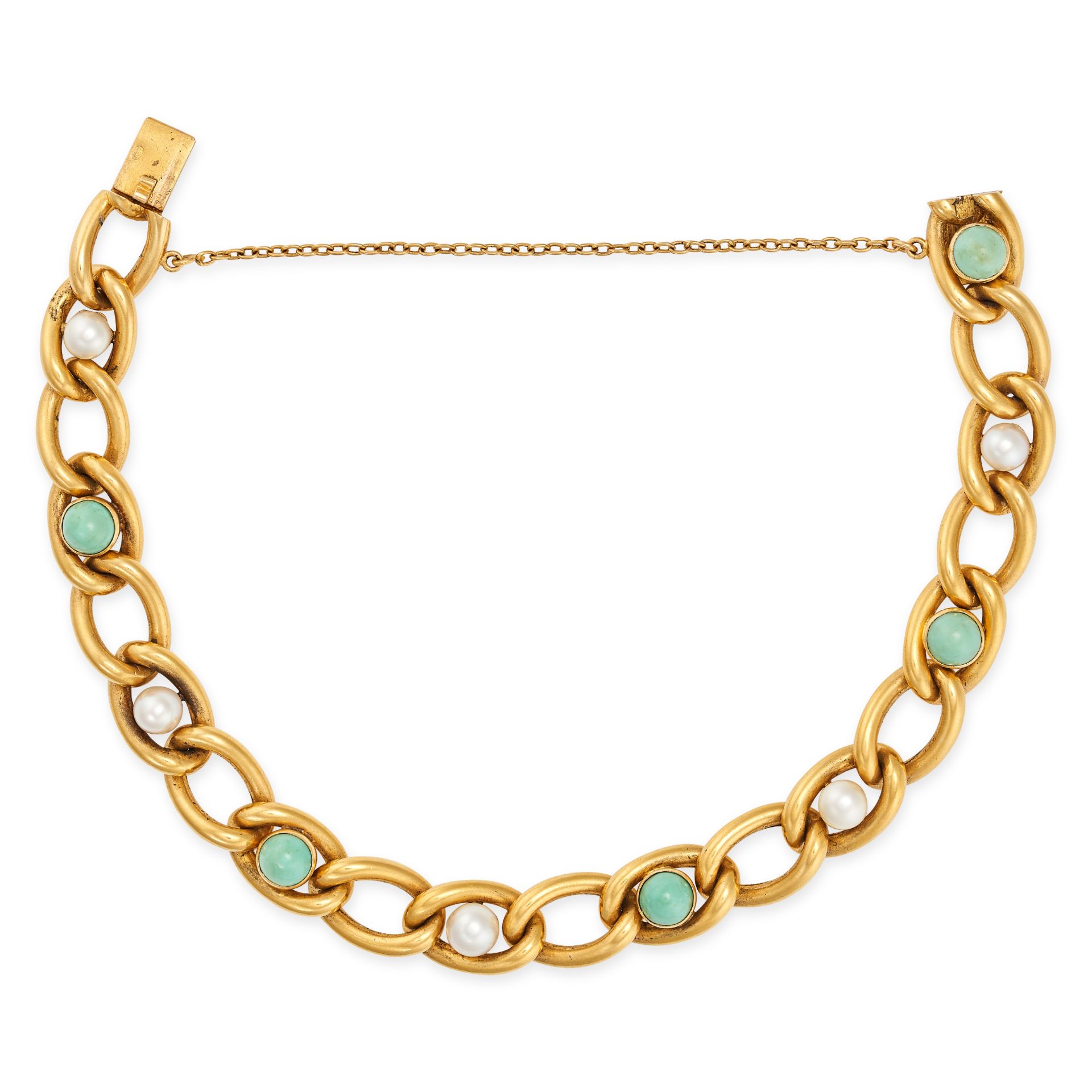 A VINTAGE TURQUOISE AND PEARL CURB LINK BRACELET in 18ct yellow gold, comprising a row of curb li...