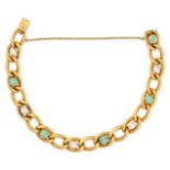 A VINTAGE TURQUOISE AND PEARL CURB LINK BRACELET in 18ct yellow gold, comprising a row of curb li...