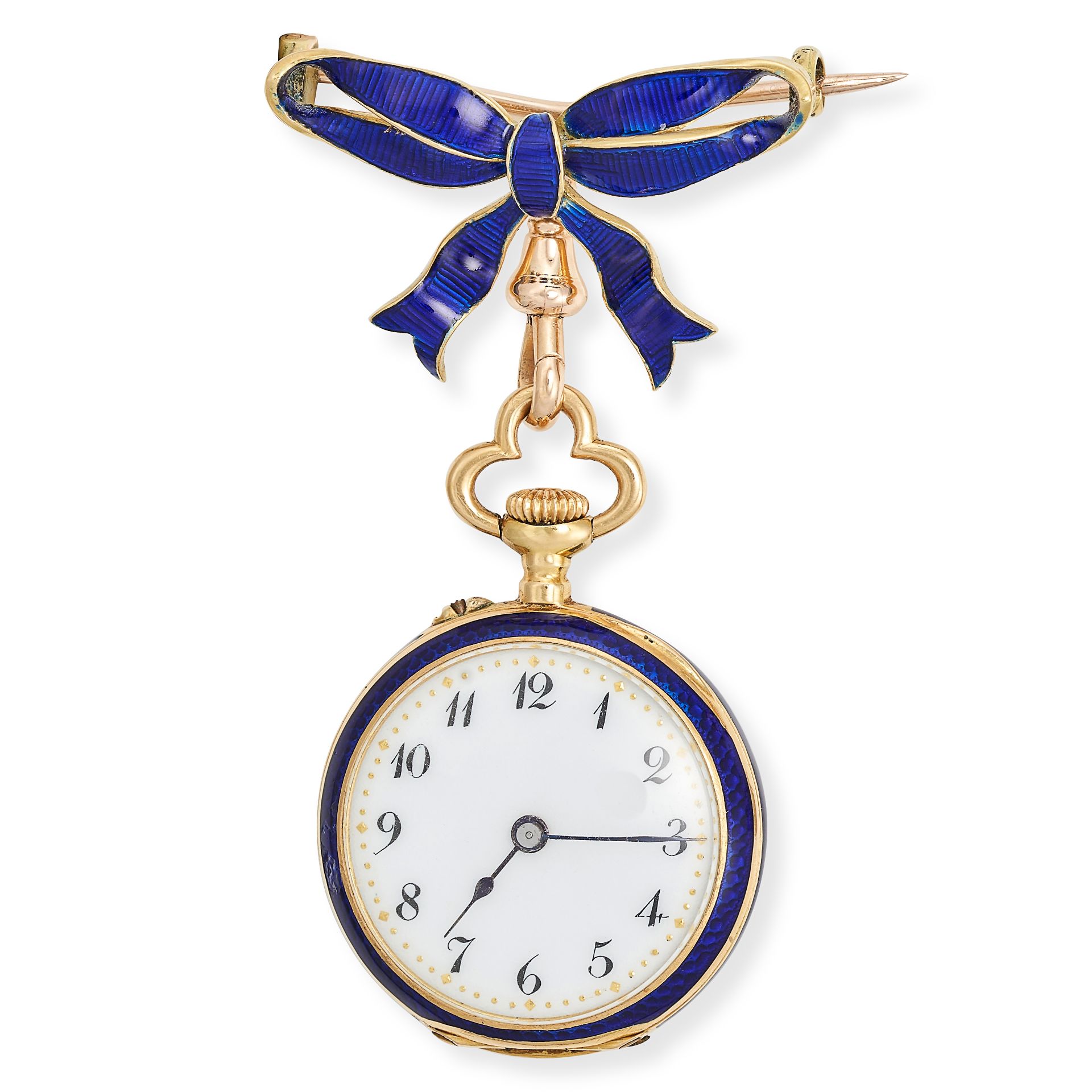 AN ANTIQUE ENAMEL AND DIAMOND FOB WATCH, 19TH CENTURY in yellow gold, white enamel dial with pain...