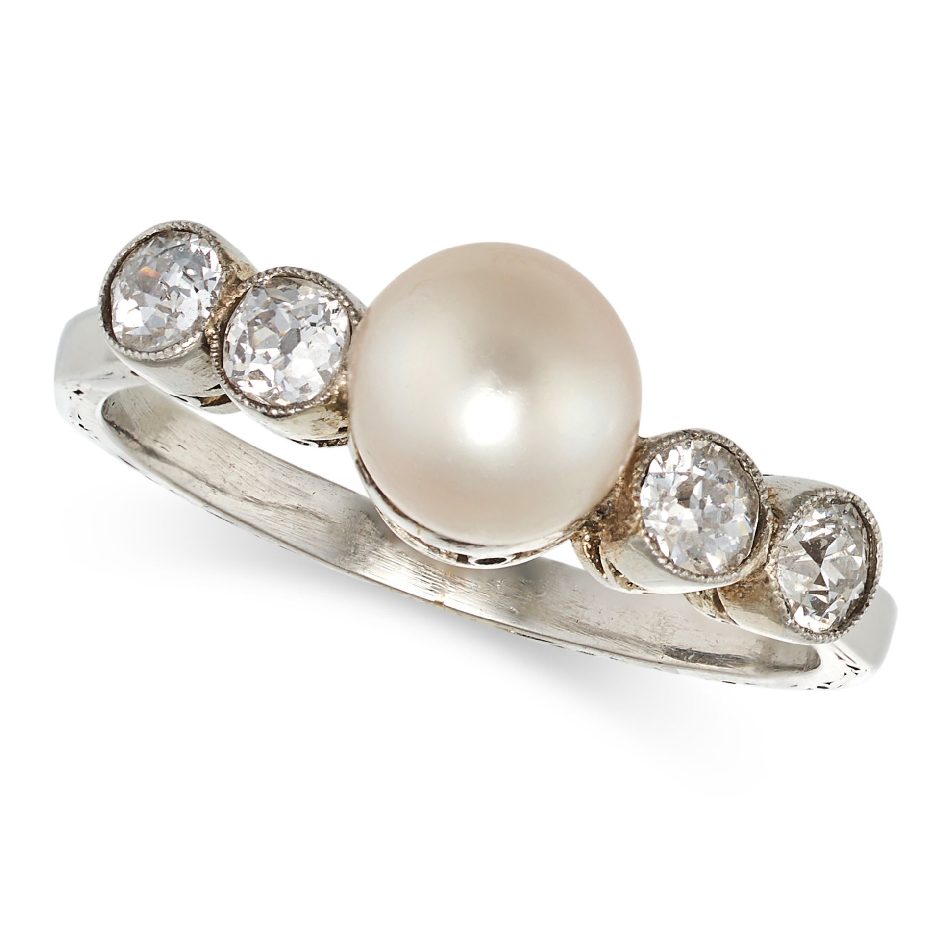 A PEARL AND DIAMOND RING set with a pearl of 6.9mm between pairs of old cut diamonds, no assay ma...
