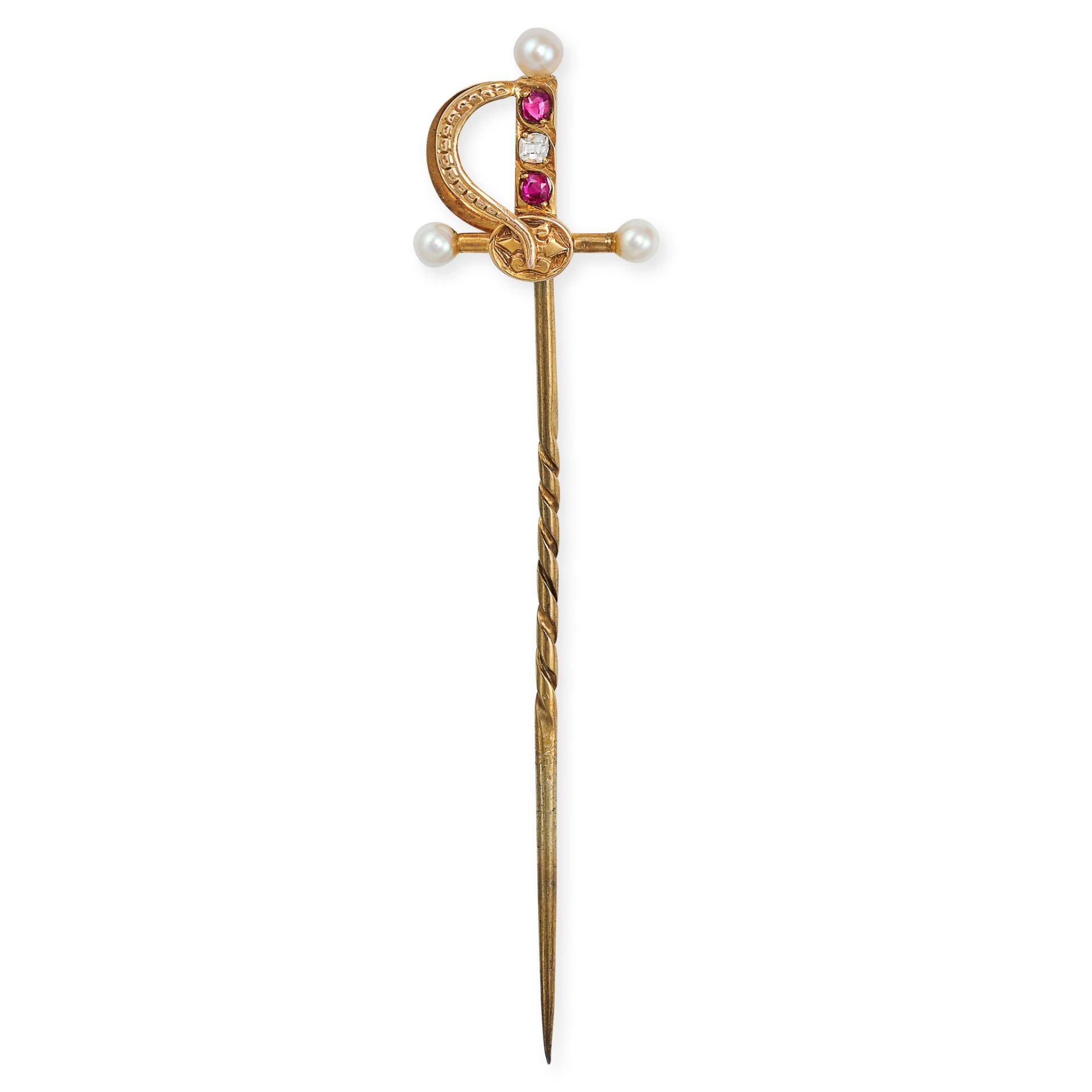 A VINTAGE RUBY, DIAMOND AND PEARL SWORD STICK PIN in yellow gold, designed as a sword, the handle...