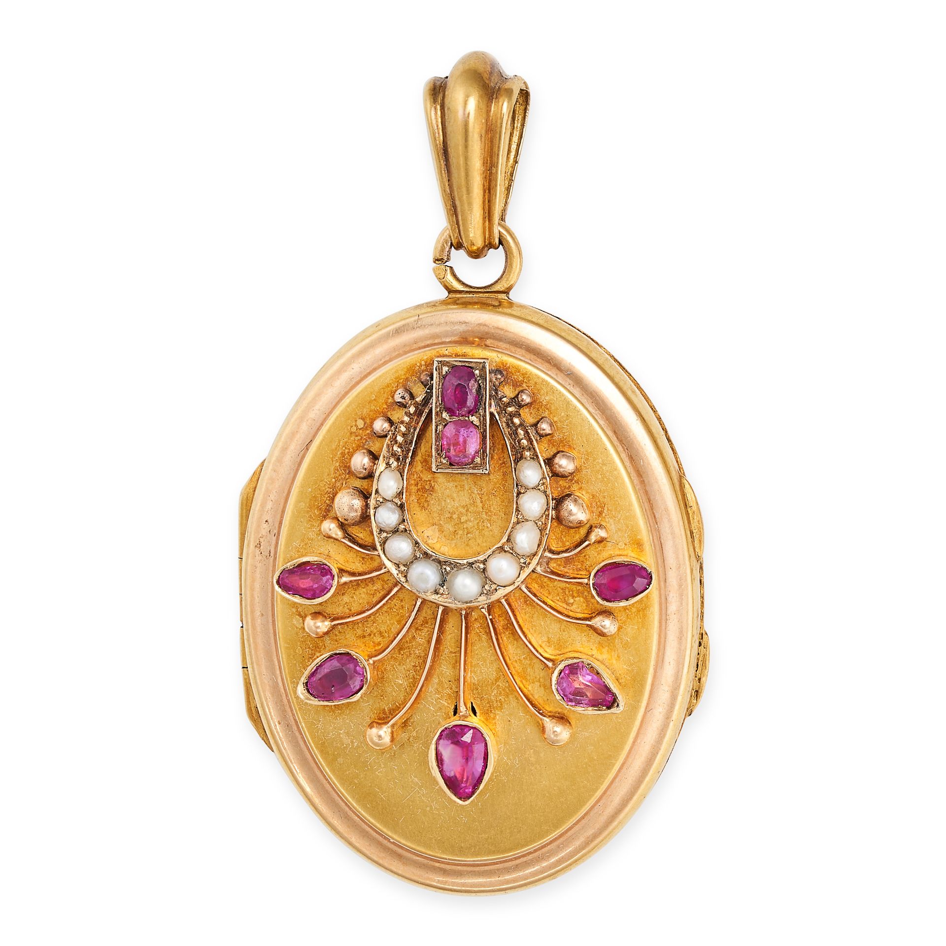 AN ANTIQUE VICTORIAN RUBY AND PEARL LOCKET PENDANT in yellow gold, the oval hinged locket with an...