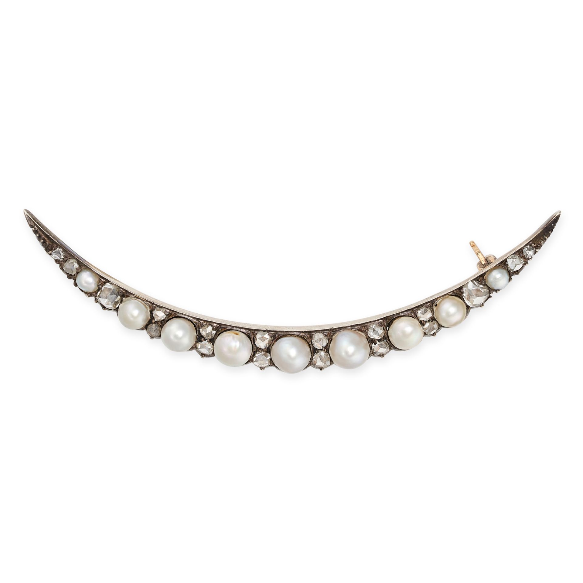 AN ANTIQUE VICTORIAN DIAMOND AND PEARL CRESCENT MOON BROOCH in yellow gold and silver, designed a...