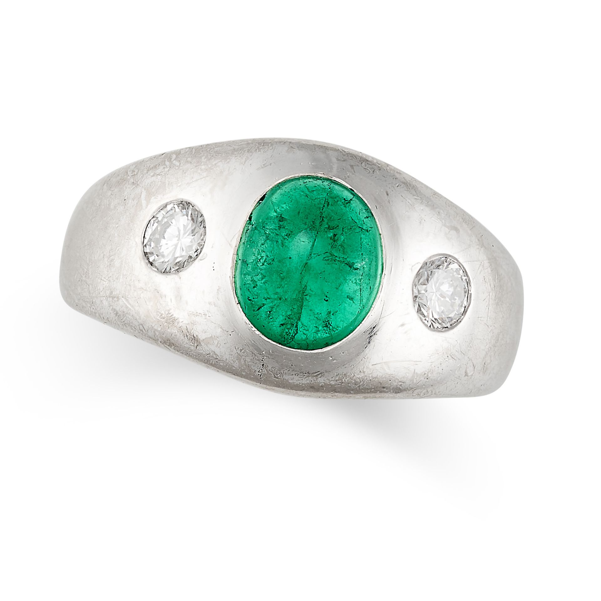 AN EMERALD AND DIAMOND GYPSY RING in 18ct white gold, set with an oval cabochon emerald accented ...