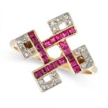 AN ART DECO RUBY AND DIAMOND DRESS RING in yellow gold and platinum, the geometric face set with ...