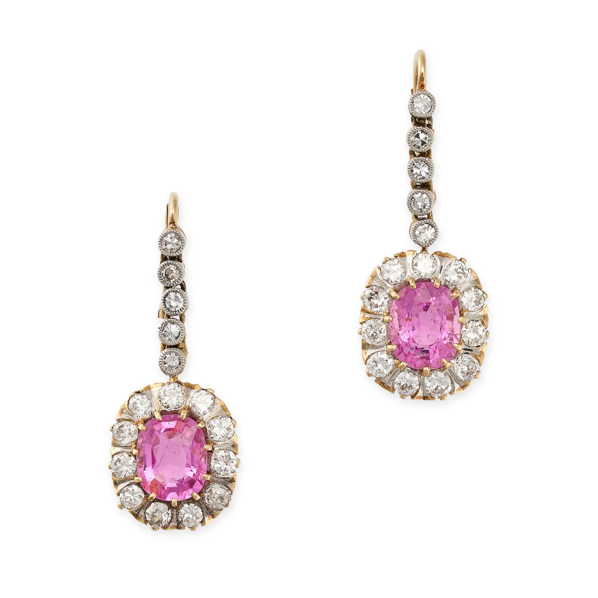 A PAIR OF PINK TOURMALINE AND DIAMOND CLUSTER DROP EARRINGS in yellow gold, each set with a cushi...