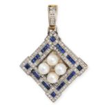 A PEARL, SAPPHIRE AND DIAMOND PENDANT in yellow gold and platinum, set with a cluster of four pea...