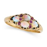 AN ANTIQUE OPAL AND RUBY RING, 19TH CENTURY in yellow gold, set with a cluster of cabochon opals ...