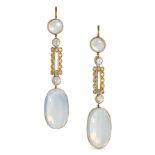 A PAIR OF MOONSTONE AND DIAMOND DROP EARRINGS in yellow gold, each set with a round cabochon moon...