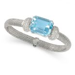 A FINE AQUAMARINE AND DIAMOND BRACELET in platinum, set with an octagonal step cut aquamarine of ...