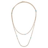AN ANTIQUE TURQUOISE LONGCHAIN NECKLACE in yellow gold, comprising a fancy link chain set with ov...
