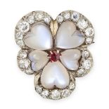 A FINE ANTIQUE MOONSTONE, RUBY AND DIAMOND PANSY BROOCH, 19TH CENTURY in yellow gold and silver, ...