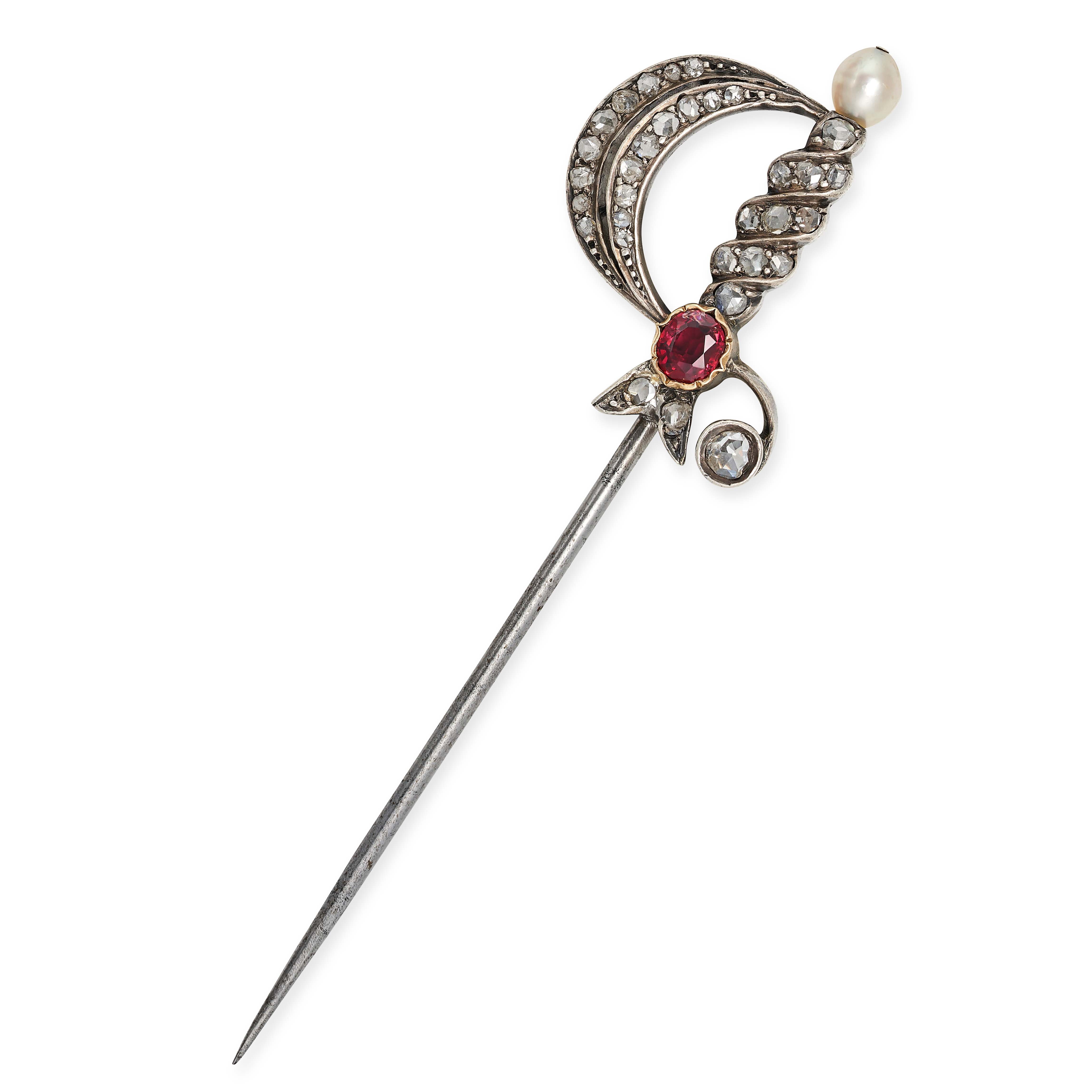 AN ANTIQUE RUBY, DIAMOND AND PEARL SWORD PIN / BROOCH designed as a sword, the handle set with an...