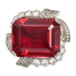 A VERY FINE RUBELLITE TOURMALINE AND DIAMOND BROOCH set with an octagonal step cut rubellite tour...