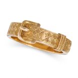 AN ANTIQUE GOLD BELT HAIRWORK MOURNING RING in yellow gold, designed as a belt, opening to reveal...