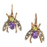 A PAIR OF AMETHYST, PERIDOT AND DIAMOND FLY EARRINGS in yellow gold and silver, each designed as ...