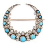 AN ANTIQUE TURQUOISE AND DIAMOND CRESCENT MOON BROOCH designed as a crescent moon, set with caboc...