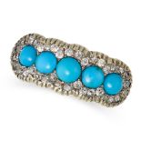 A TURQUOISE AND DIAMOND CLUSTER RING in yellow gold and silver, set with a row of round cabochon ...