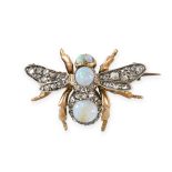 AN ANTIQUE OPAL AND DIAMOND INSECT BROOCH in yellow gold, designed as a bee set with round caboch...