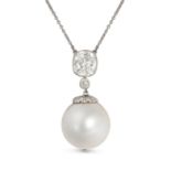 A LARGE NATURAL SALTWATER PEARL AND DIAMOND PENDANT NECKLACE the pendant comprising an old cut di...