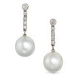 A PAIR OF DIAMOND AND PEARL DROP EARRINGS each comprising a row of old cut diamonds suspending a ...