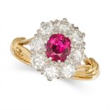 A FINE UNHEATED RUBY AND DIAMOND CLUSTER RING in 18ct yellow gold and platinum, set with a cushio...