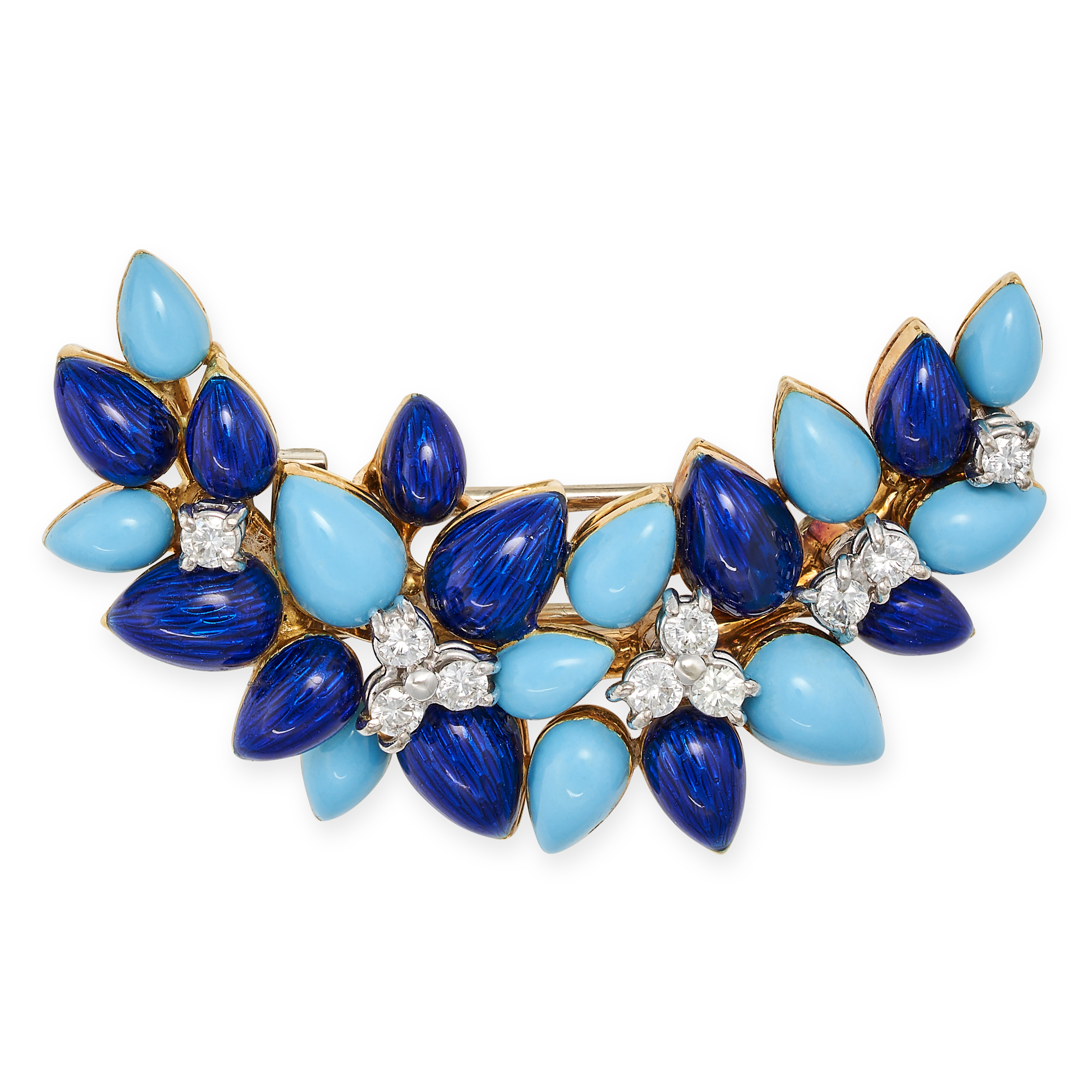 A VINTAGE TURQUOISE, ENAMEL AND DIAMOND BROOCH in 18ct yellow gold, comprising a cluster of pear ...