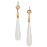 A PAIR OF ANTIQUE CHALCEDONY DROP EARRINGS, 19TH CENTURY in yellow gold, each set with an elongat...